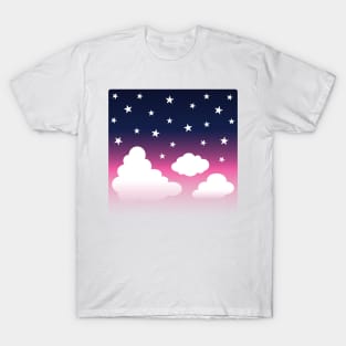 Clouds | Stars | Gradient | White Blue Pink | Dark T-Shirt